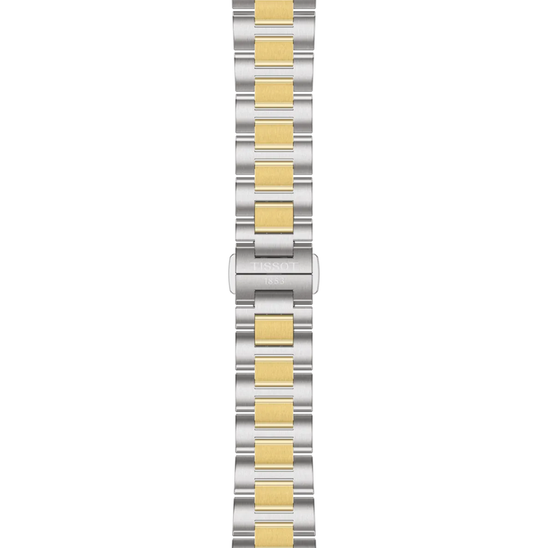 Two-tone watch band with alternating gold and silver square links on a white background