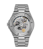 Stainless steel watch with visible skeleton dial showing mechanical movement, bracelet strap, and IWC branding on case back.