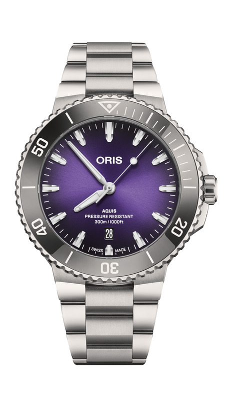 Oris Aquis Date Taste of Summer watch with purple dial and stainless-steel bracelet on a white background
