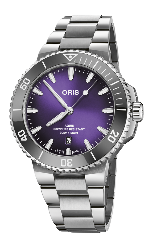 Oris Aquis Date Taste of Summer watch with purple dial and stainless-steel bracelet on a white background