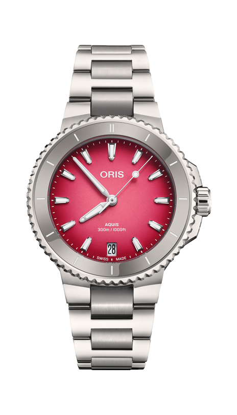 Oris Aquis Date Taste of Summer watch with a gradient sunrise pink dial and stainless-steel bracelet on a white background