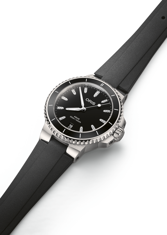 Oris Aquis Date Diamonds with a black dial and a black rubber strap