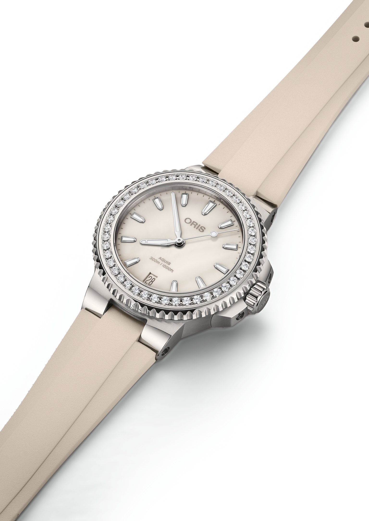 Oris Aquis Date Diamonds with cream mother of pearl dial and a rubber strap