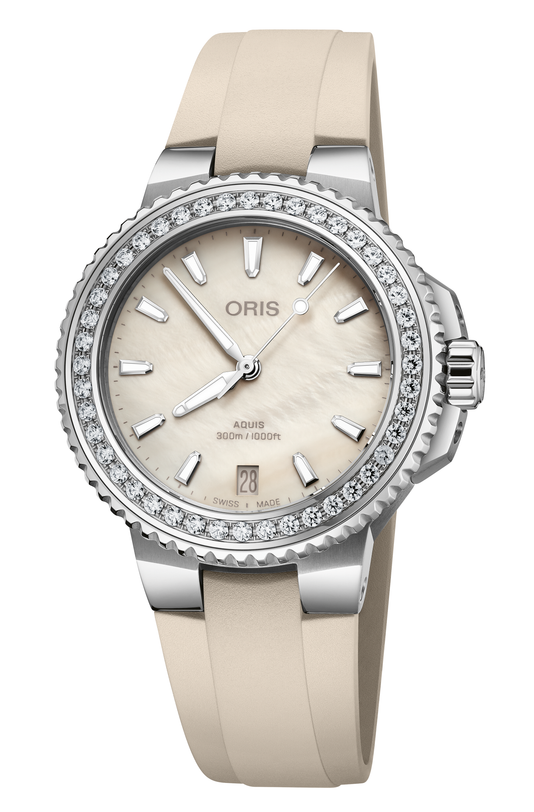Oris Aquis Date Diamonds with cream mother of pearl dial and a rubber strap
