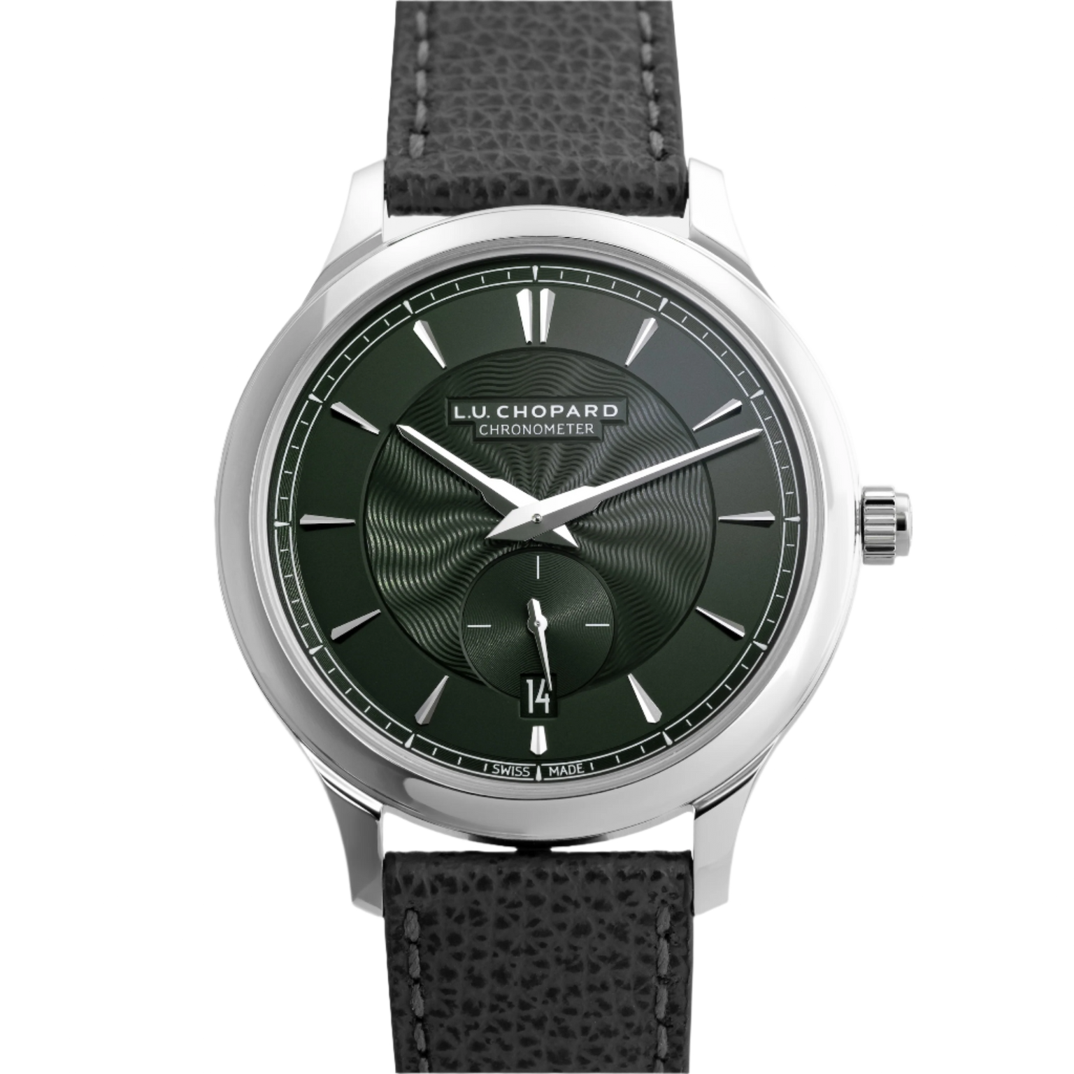 The Chopard L.U.C XPS 1860 Officer Limited Edition for Hodinkee features a white gold case, textured black guilloché dial, silver markers and hands, date at 6 oclock, and a black leather strap, displayed on a patterned background.