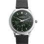 The Chopard L.U.C XPS 1860 Officer Limited Edition for Hodinkee features a white gold case, textured black guilloché dial, silver markers and hands, date at 6 oclock, and a black leather strap, displayed on a patterned background.