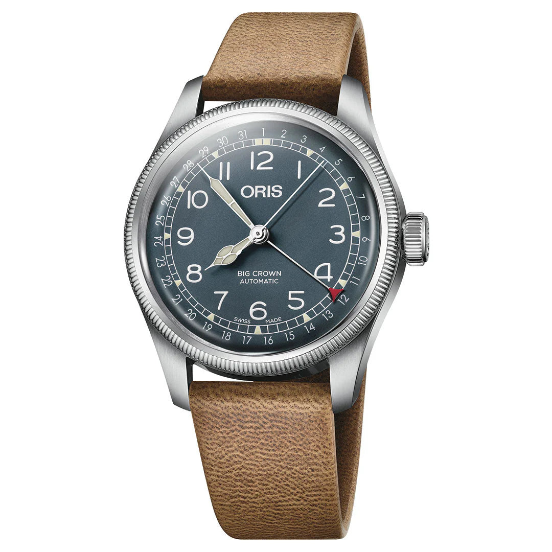 Oris watch with brown leather strap on a white background