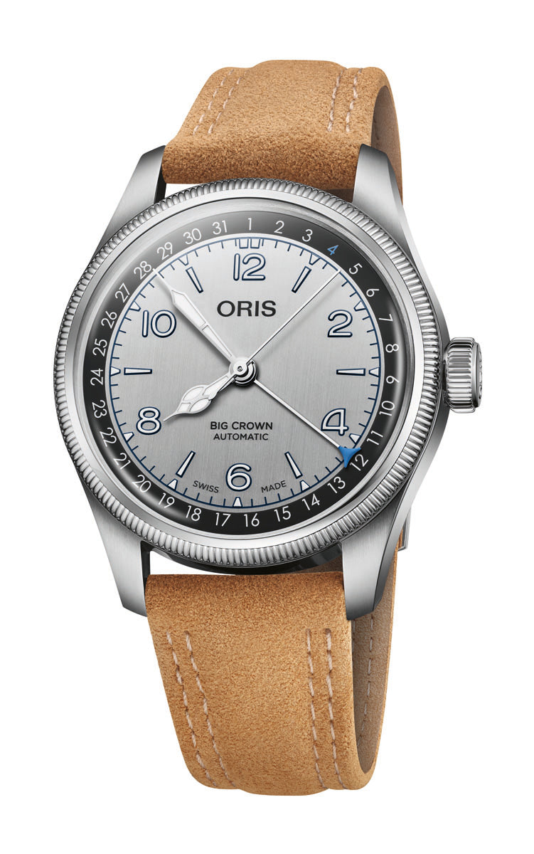 Oris Big Crown Automatic watch with silver dial, Arabic numerals, black bezel, and tan leather strap.