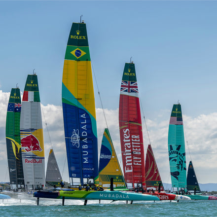 Multiple sail boats competing in the SailGP race