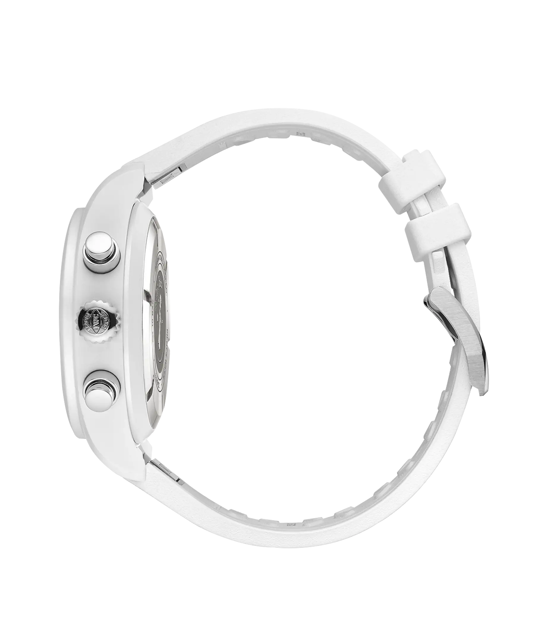 White chronograph watch with round dial, three subdials, pushers on side case, and white rubber strap shown from side view.