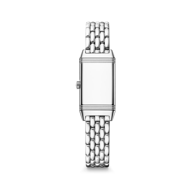 Rectangular stainless steel watch with blank dial and linked metal bracelet.