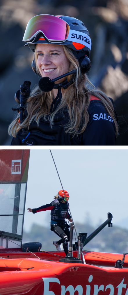Two images stacked of Hannah Mills during SailGP competition