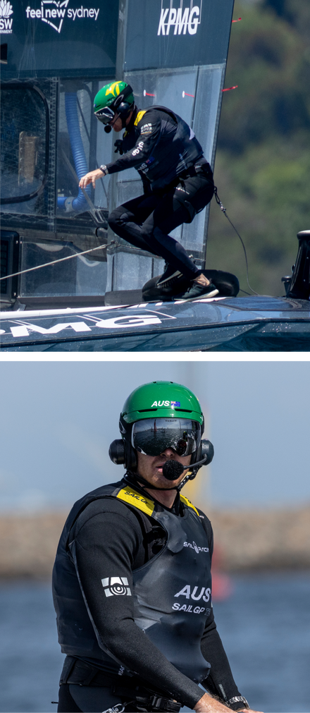 Two stacked images of Tom Slingsby during SailGP competition