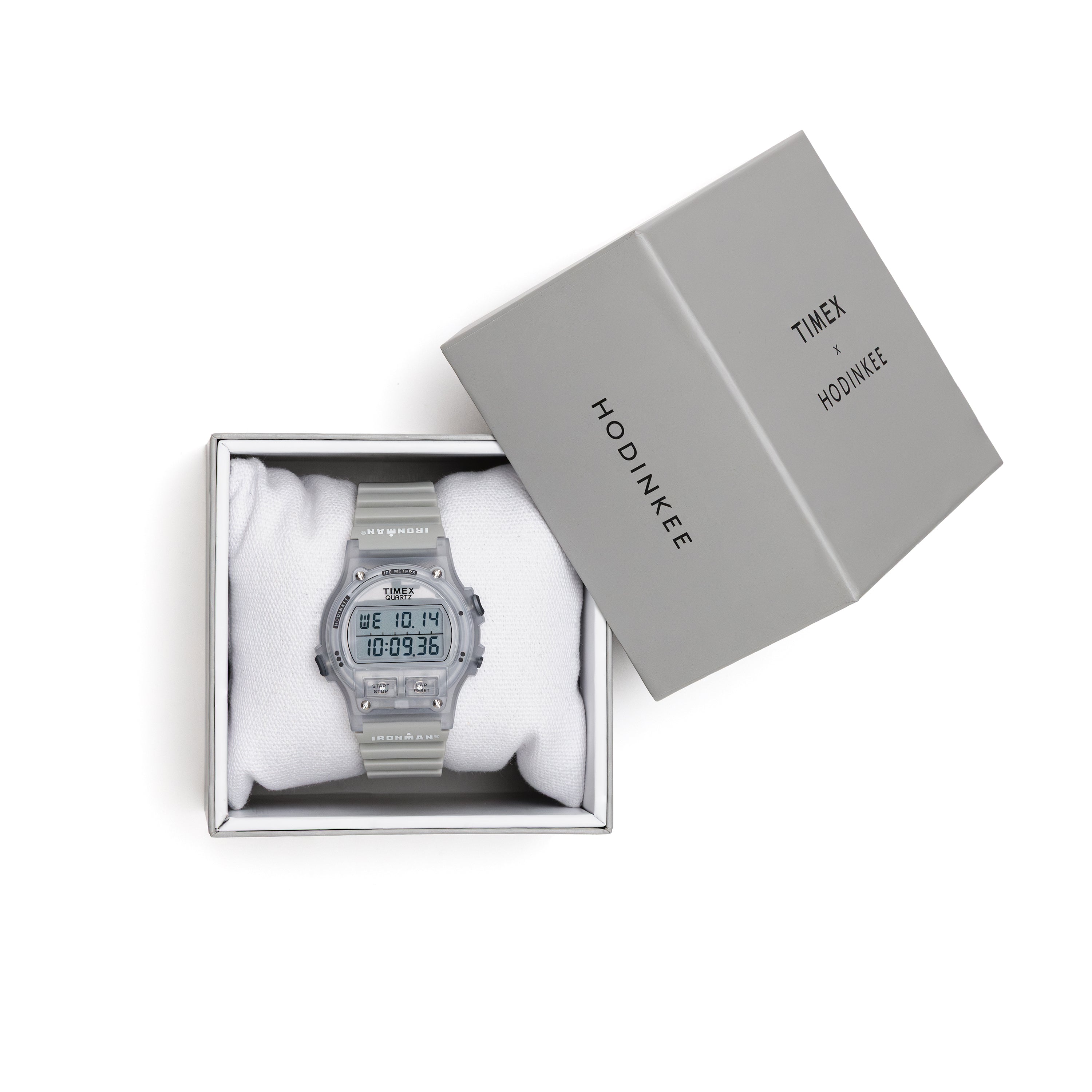 Digital watch in a Timex and Hodinkee branded box on a white background