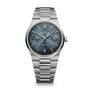 Stainless steel watch with blue dial, date window, power reserve indicator, and three subdials on metal bracelet.