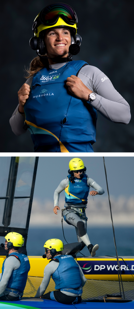 Two stacked images of Martine Grael during SailGP competition