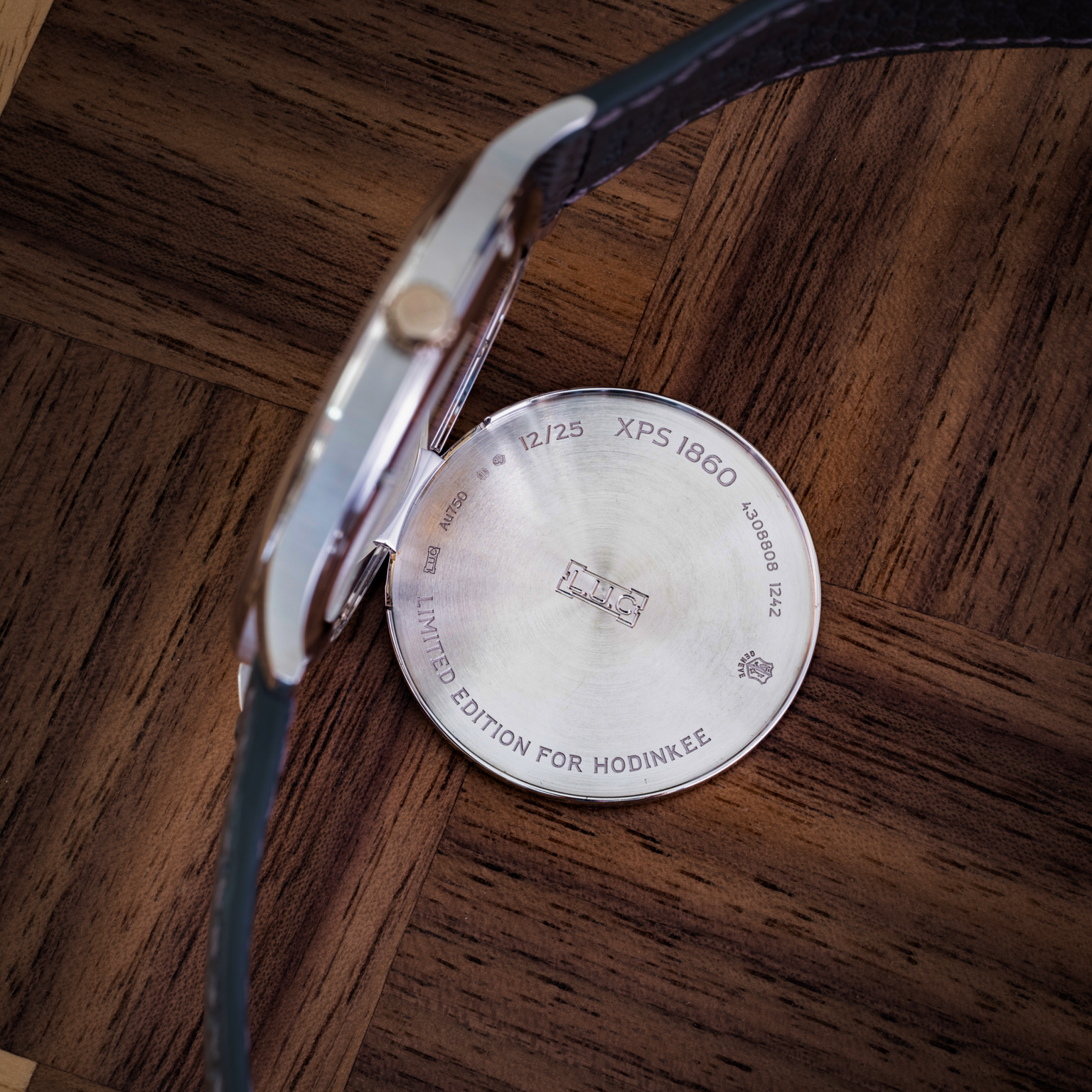 Close-up of the Chopard L.U.C XPS 1860 Officer Limited Edition For Hodinkee caseback engraved with XPS 1860, 12/25, and Limited Edition for Hodinkee, highlighting its exclusive white gold case and elegant guilloché dial.