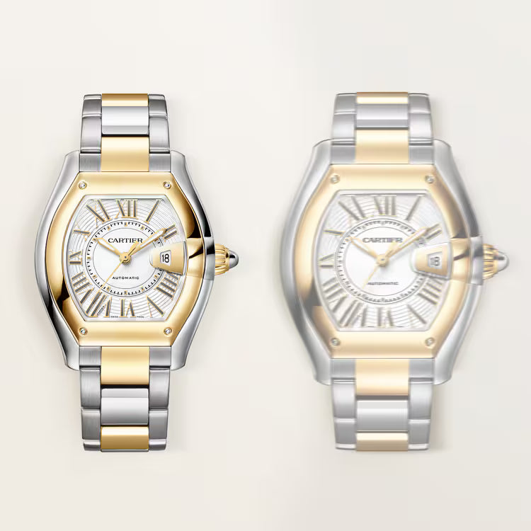 Two-tone Cartier Roadster watches with silver and gold cases, white dials, Roman numerals, and matching two-tone bracelets.