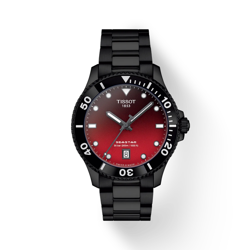 Black Tissot watch with a red face on a white background