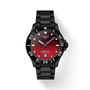 Black Tissot watch with a red face on a white background