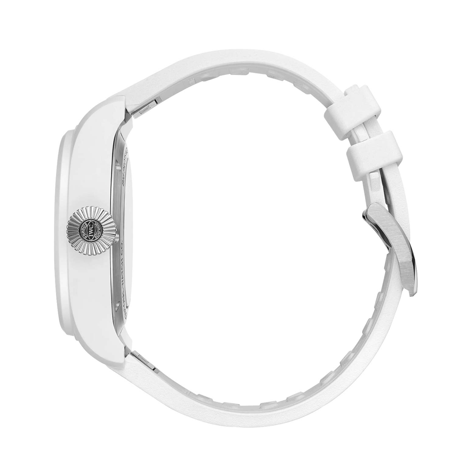 White pilot's watch with rectangular case, decorative dial emblem, and white rubber strap with metal buckle.
