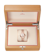 OMEGA Seamaster Aqua Terra 150M 30mm, Sedna™ gold on Sedna™ gold Rose Gold Linen Dial Watch with a Sedna™ gold integrated bracelet in a wooden box.