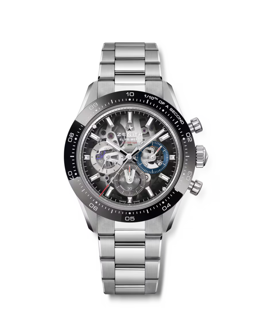 Silver chronograph watch with black bezel, skeletal dial showing visible mechanics, and stainless steel bracelet.