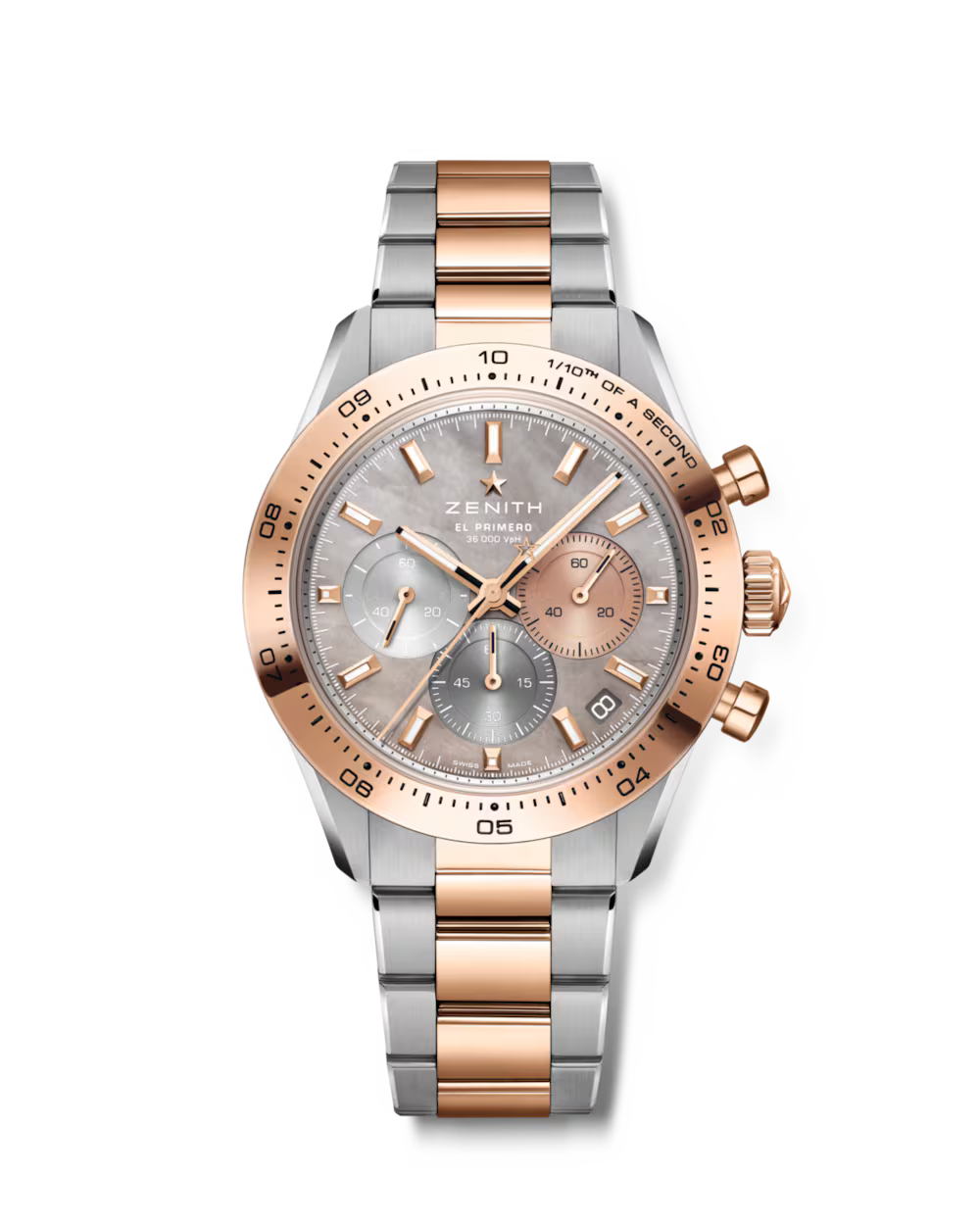Two-tone chronograph watch with rose gold bezel, silver dial, and alternating silver and rose gold bracelet links.