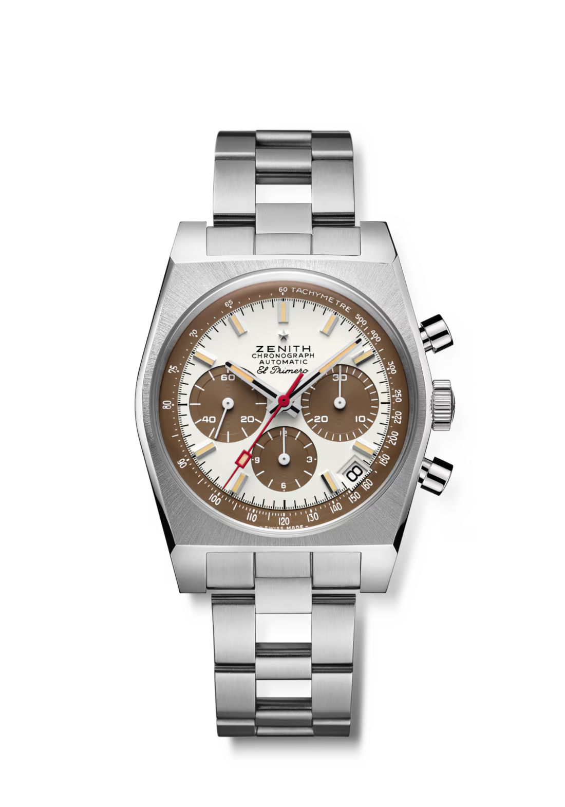 Silver watch with brown face on a white background