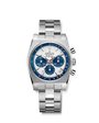 Silver watch with a blue face on a white background