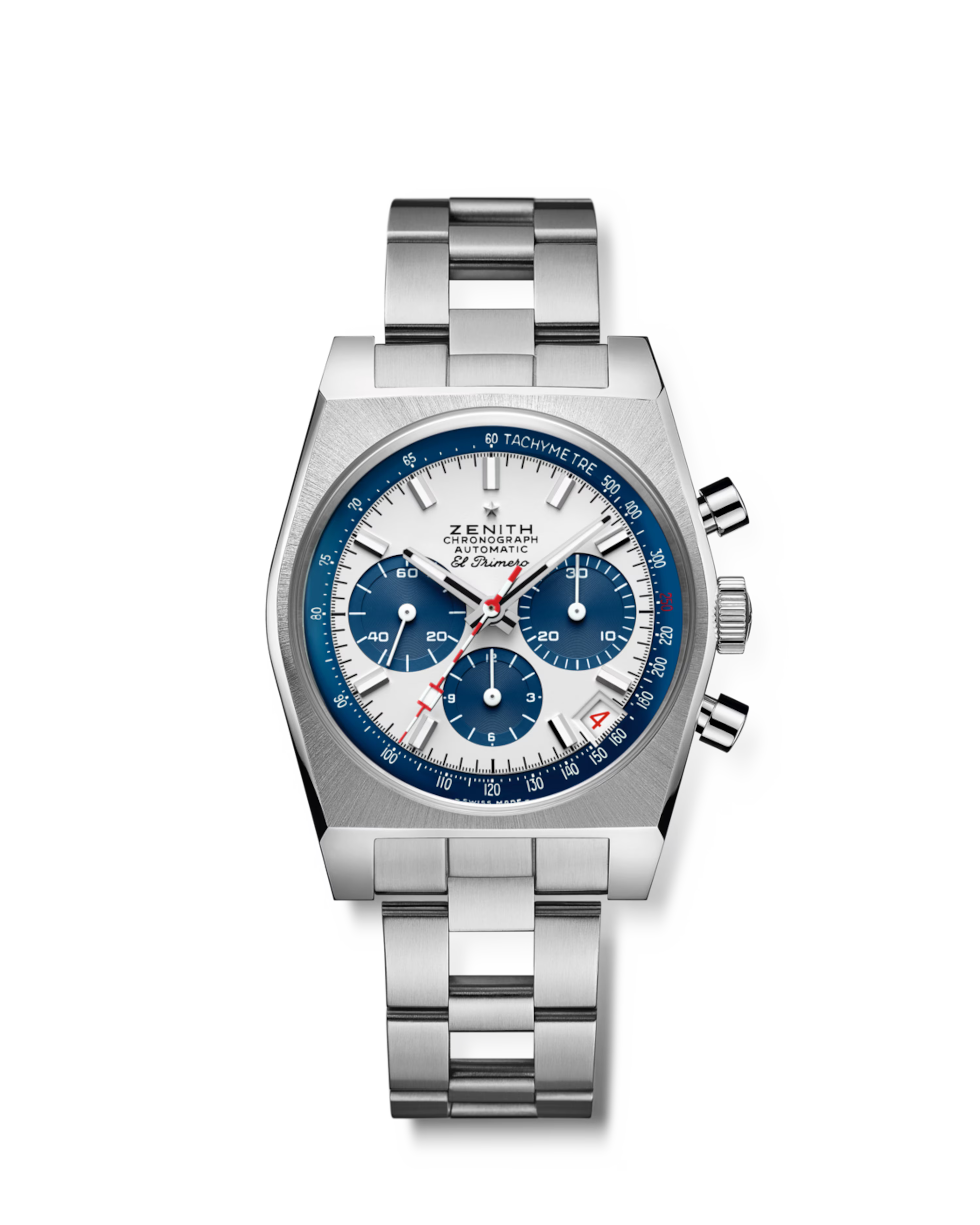 Silver watch with a blue face on a white background