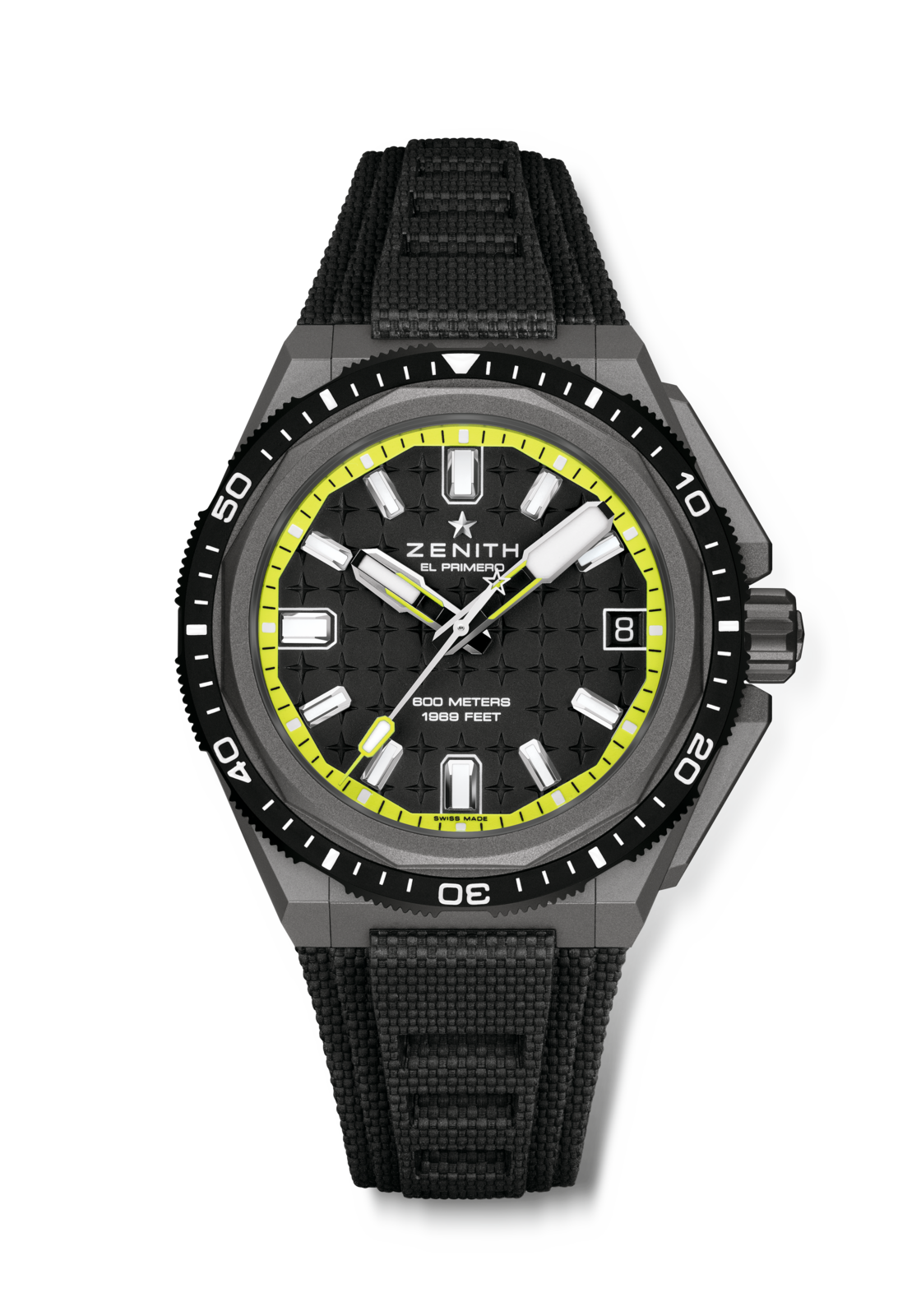 The Zenith Defy Extreme Diver is a black and yellow dive watch featuring a textured dial, bold hour markers, and a black band.