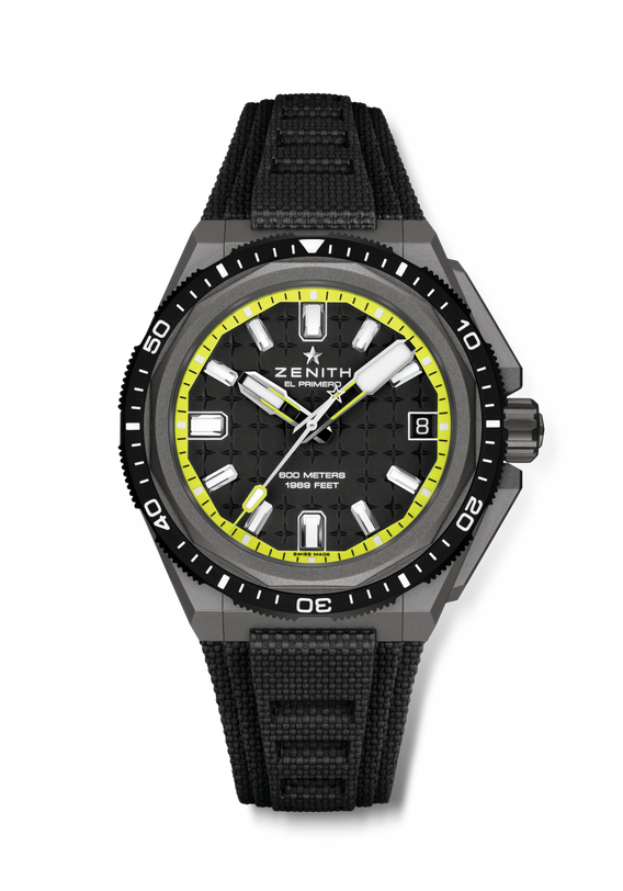 The Zenith Defy Extreme Diver is a black and yellow dive watch featuring a textured dial, bold hour markers, and a black band.