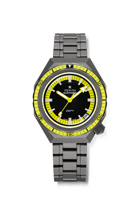A Zenith Defy Revival watch featuring a black dial, yellow bezel, and metal bracelet.