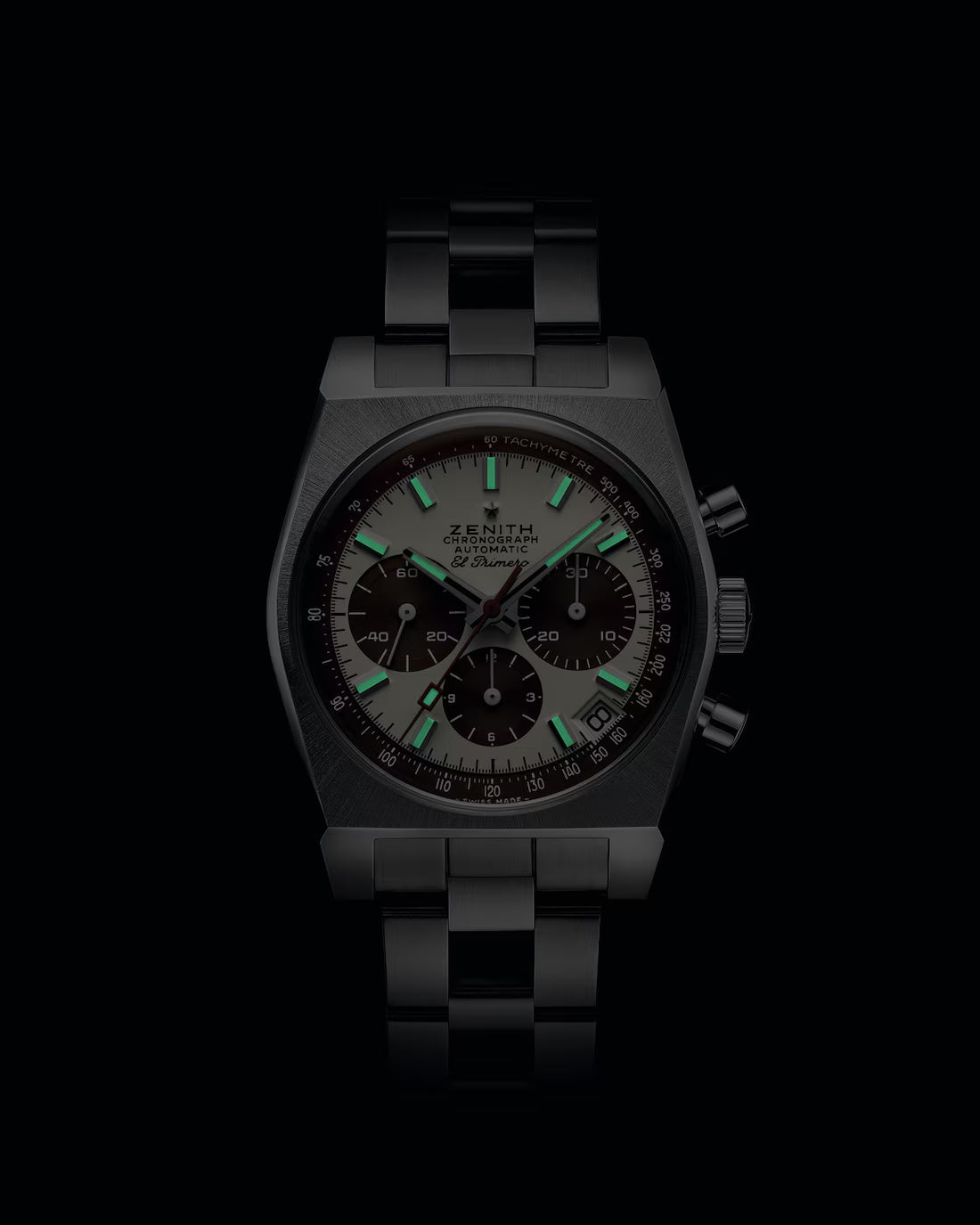 Black watch with green accents on a black background
