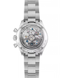 Silver stainless steel chronograph watch with visible skeleton dial showing mechanical movement and bracelet strap.