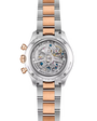 Two-tone stainless steel and rose gold chronograph watch with visible skeleton movement and three subdials.
