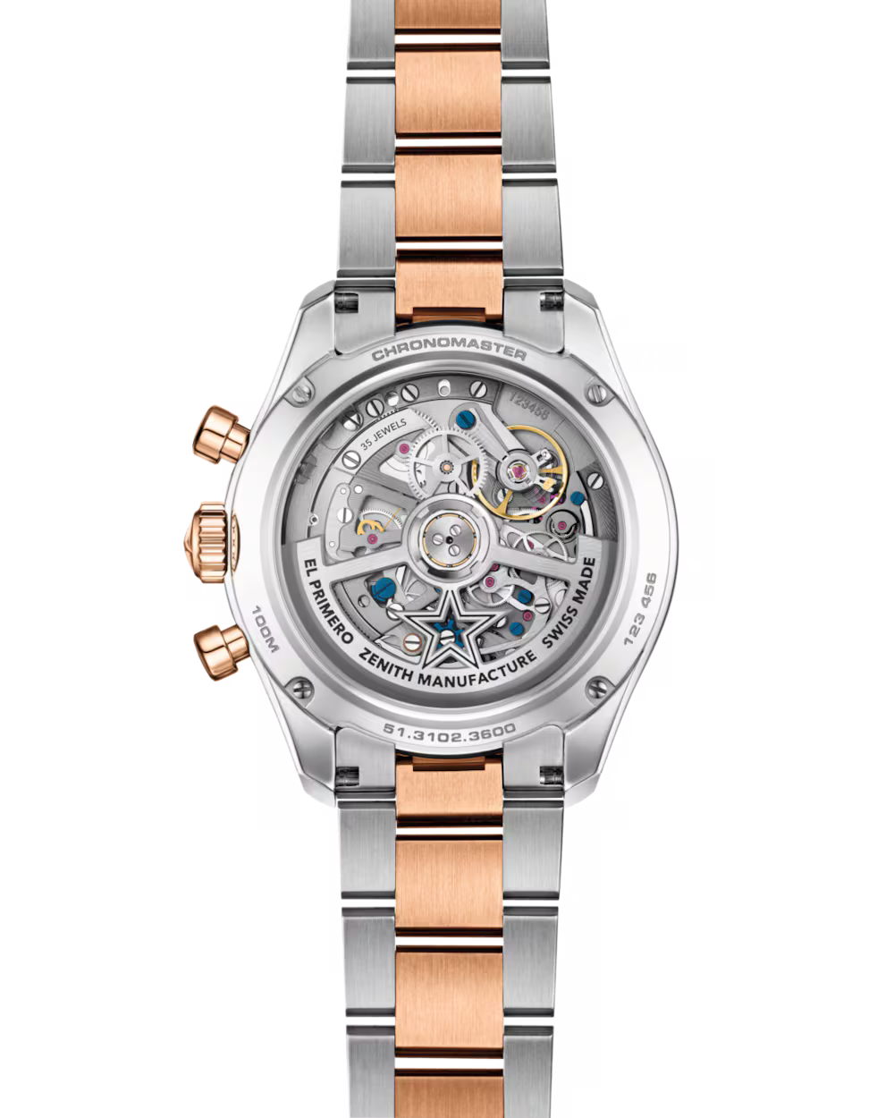 Two-tone stainless steel and rose gold chronograph watch with visible skeleton movement and three subdials.