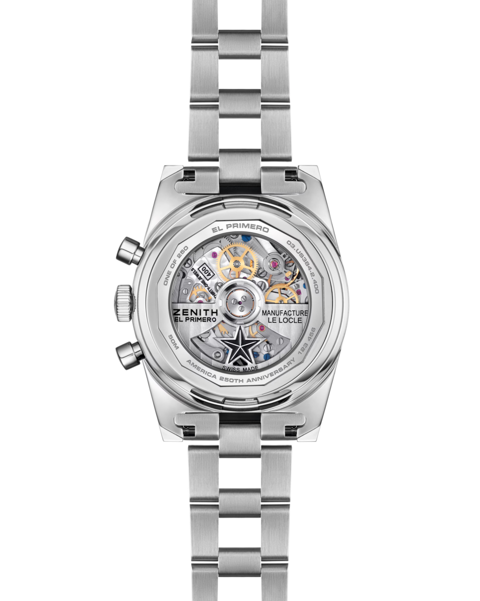 Silver Zenith watch with detailed mechanical components on a white background