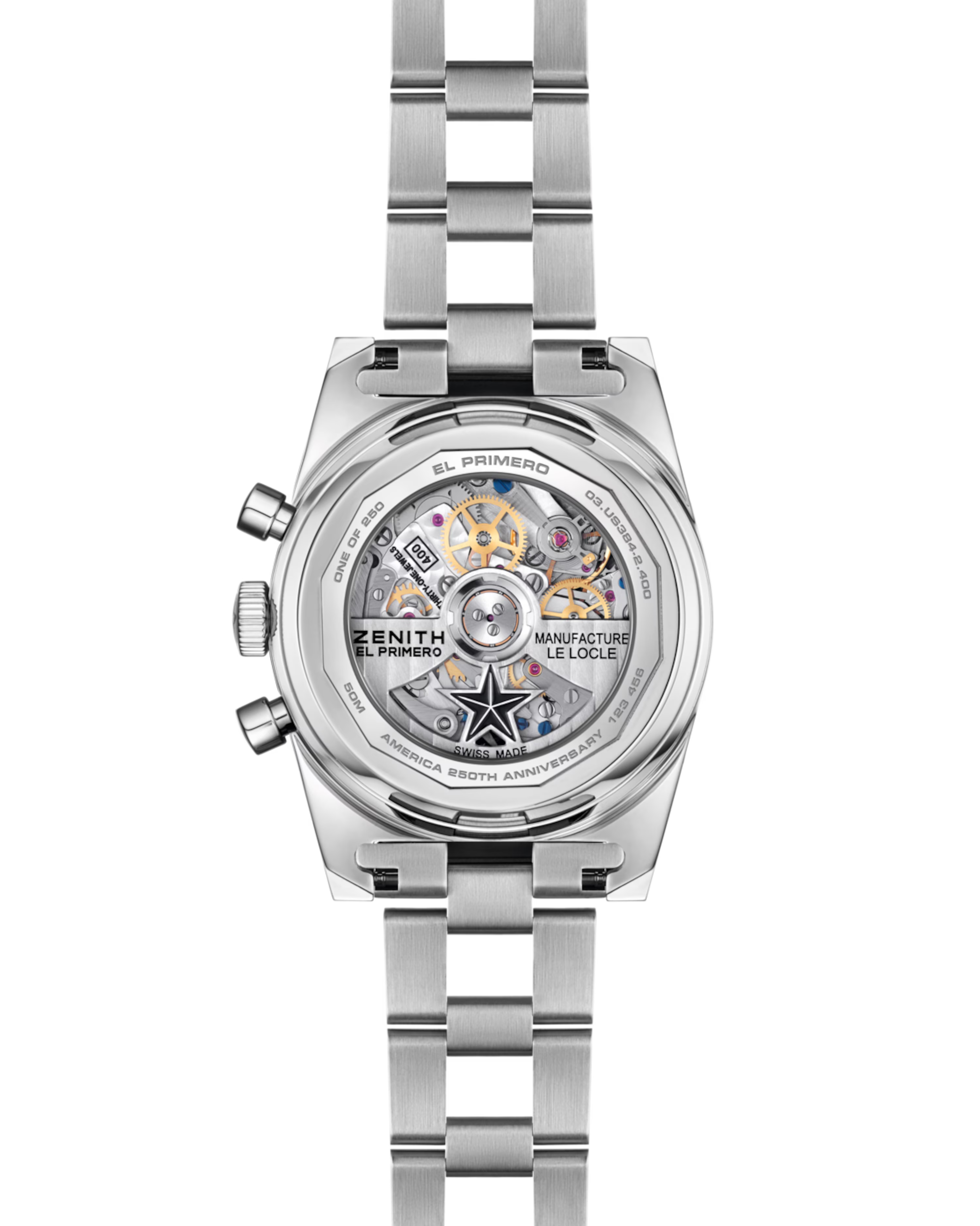 Silver Zenith watch with detailed mechanical components on a white background