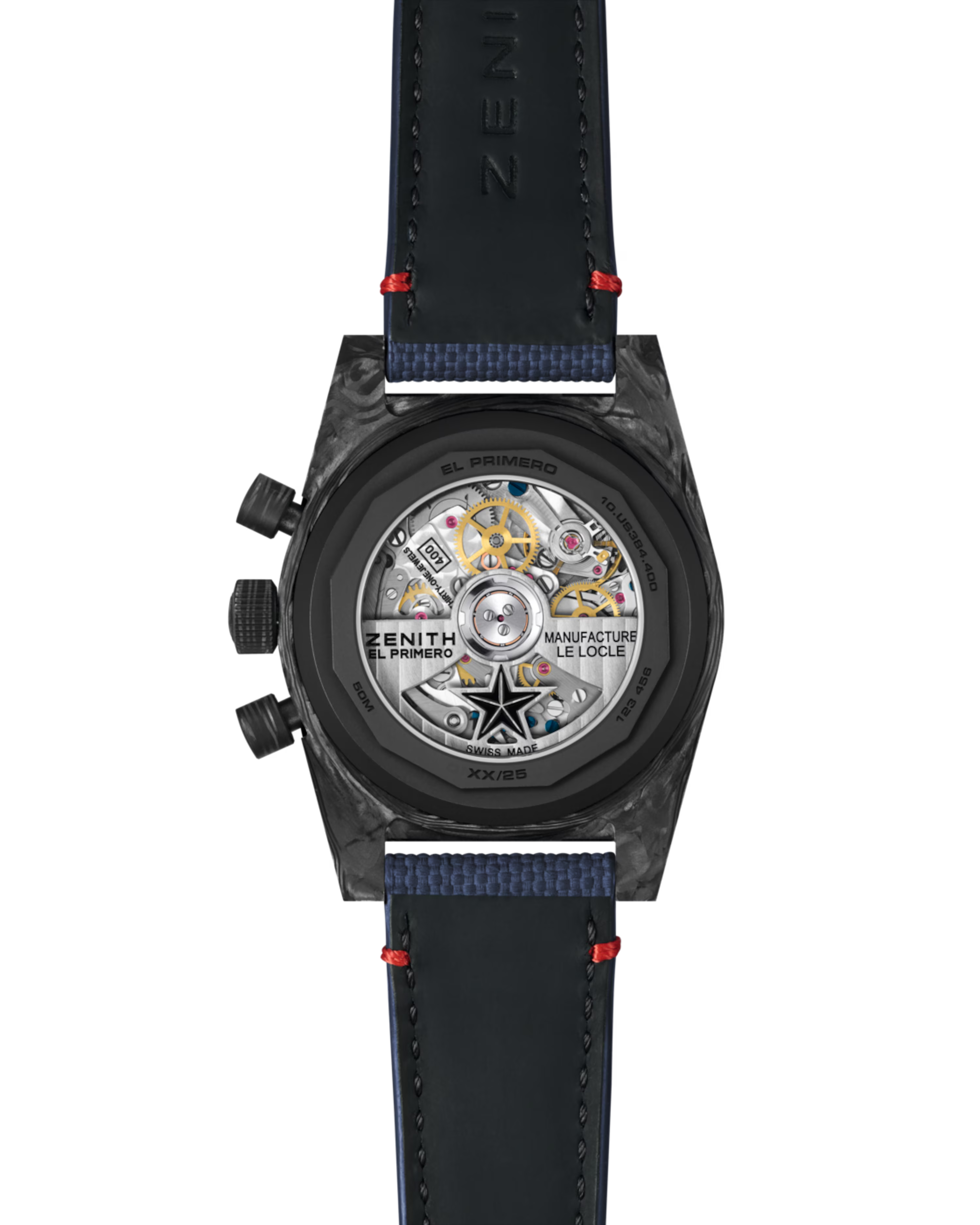 Back view of a Zenith watch with visible mechanical components on a black background