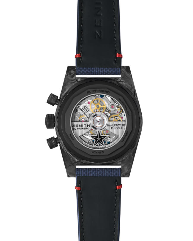 Back view of a Zenith watch with visible mechanical components on a black background
