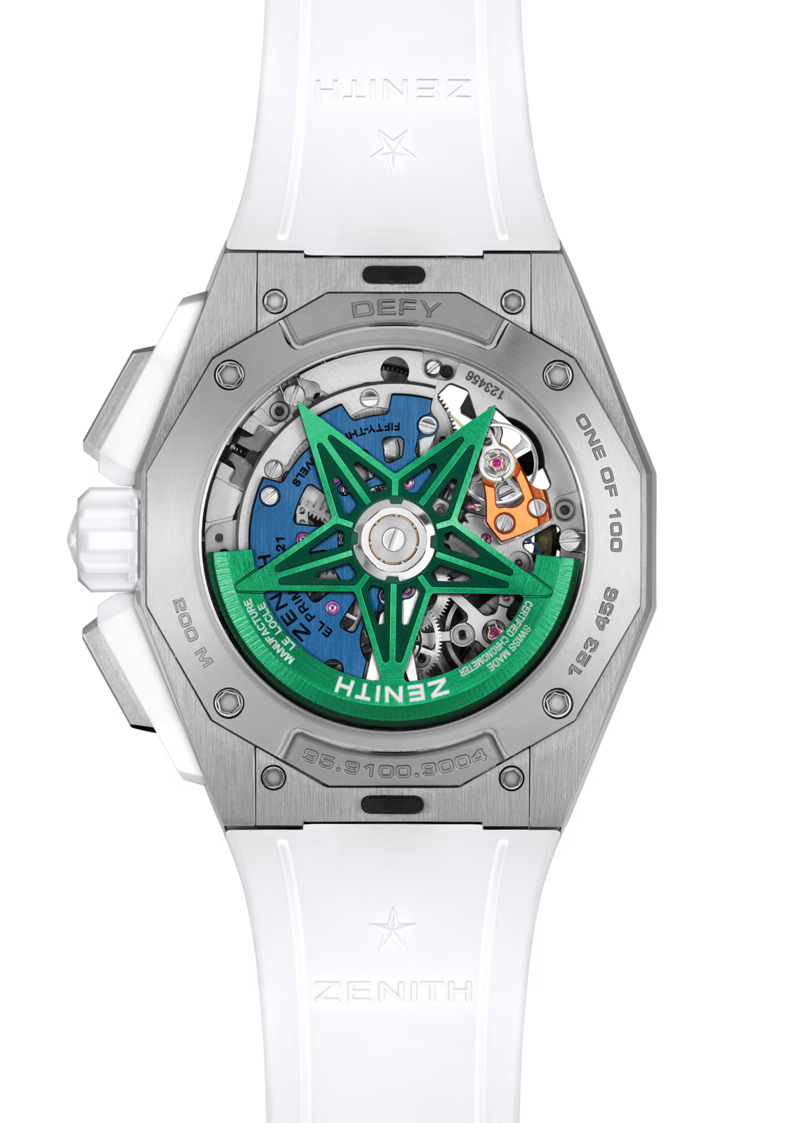 Close-up of the back of the Zenith Defy Extreme Chroma, featuring its intricate mechanical movement, green and blue accents, El Primero 9004 star-shaped rotor, and engraved markings inside a silver-toned case with a white strap.