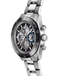 Silver and black chronograph watch with skeleton dial, blue subdial, and two-tone metal bracelet.