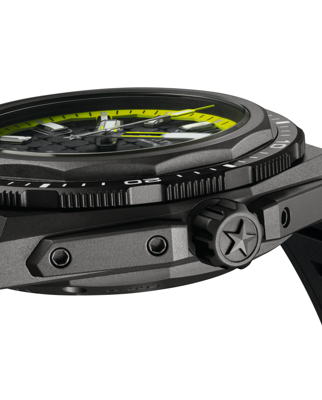 Close-up side view of the Zenith Defy Extreme Diver, a black wristwatch featuring a star on the crown and a dial with yellow accents.