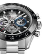 Silver and black chronograph watch with black bezel, multiple subdials, and metal bracelet.