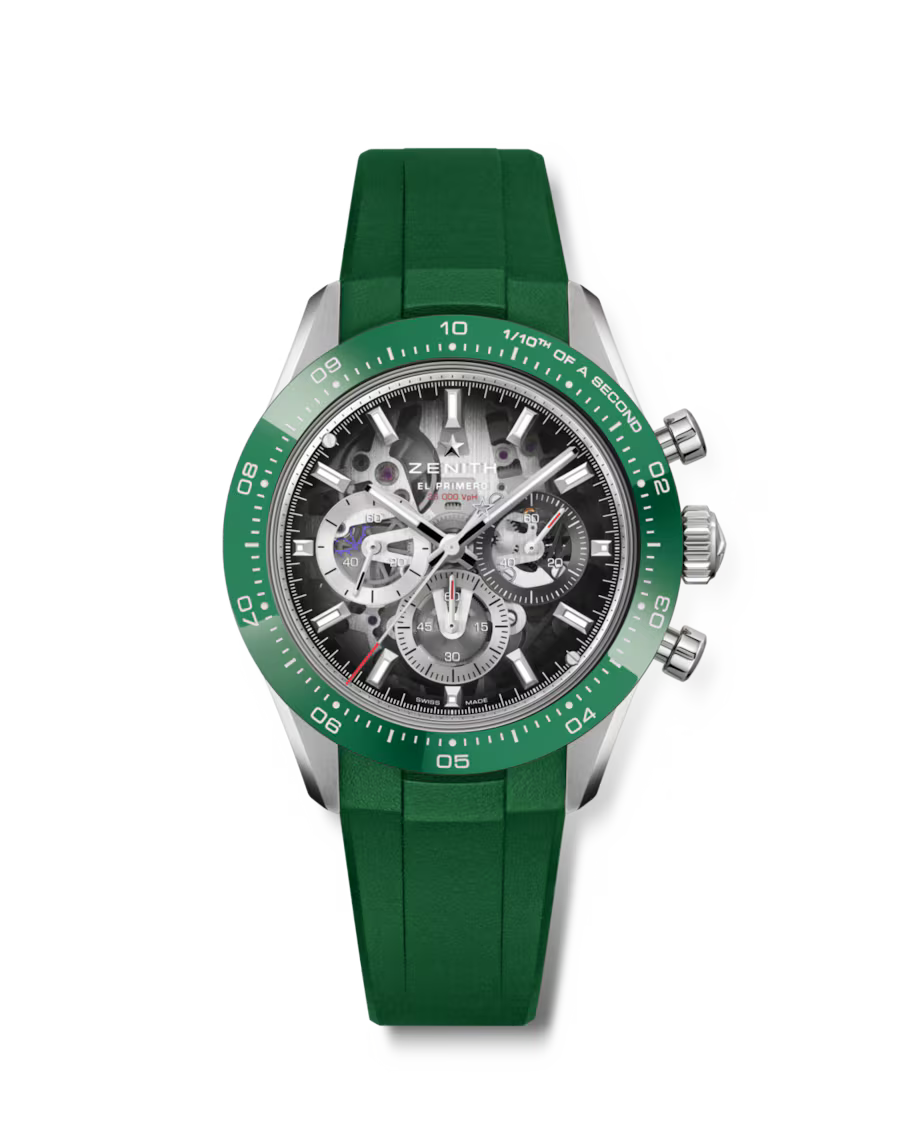 Chronograph sports watch with silver case, green rubber strap, and skeletonized dial displaying exposed movement.