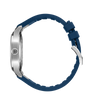 Stainless steel pilot's watch with blue rubber strap and silver-tone buckle, shown from the side.