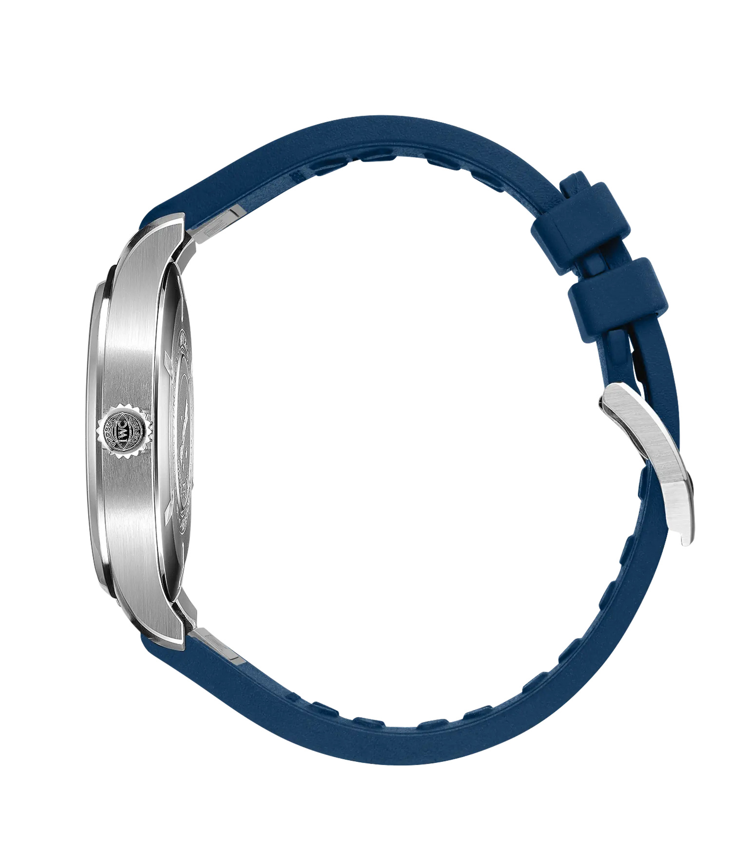 Stainless steel pilot's watch with blue rubber strap and silver-tone buckle, shown from the side.