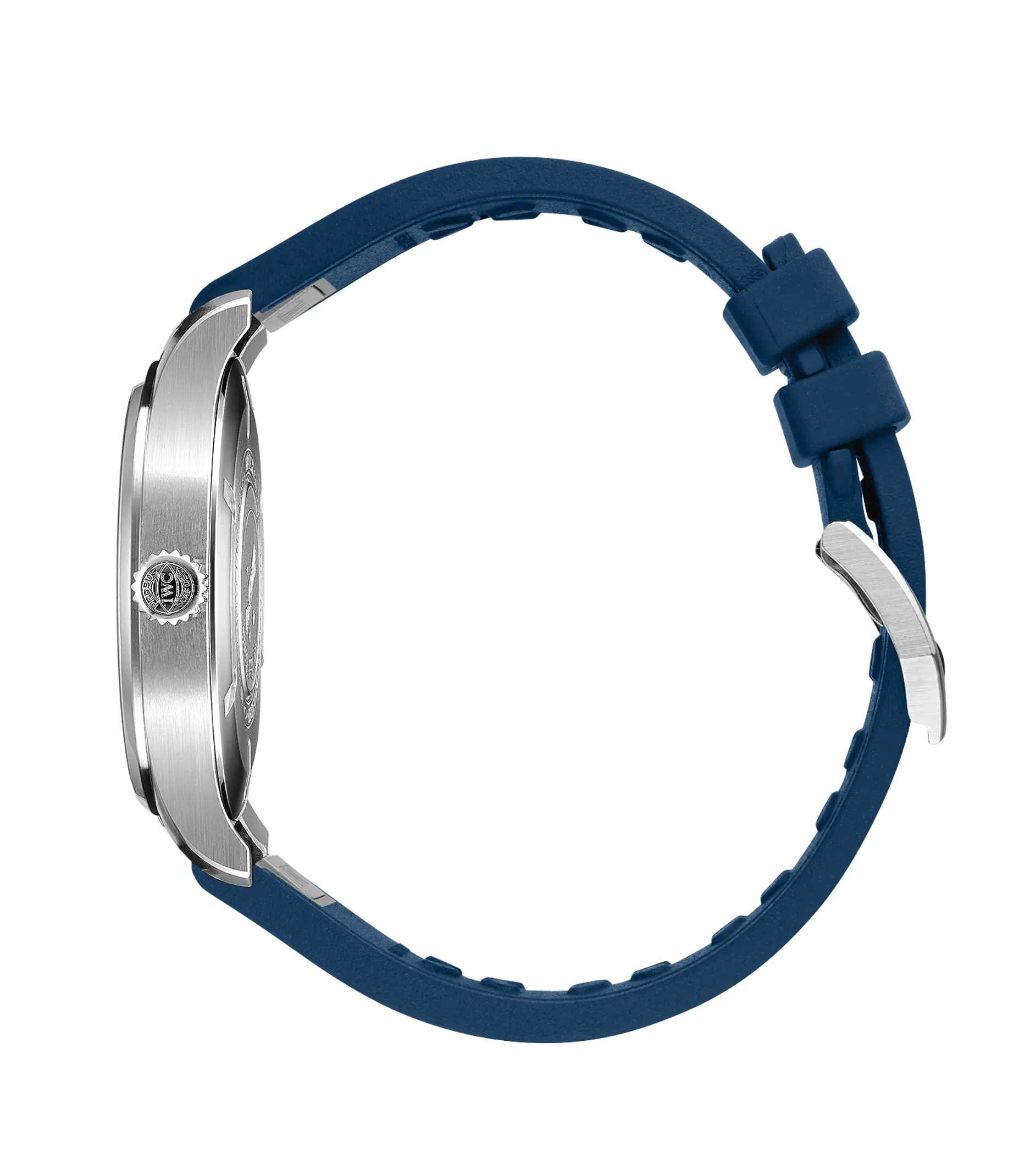 Stainless steel pilot's watch with blue rubber strap and silver-tone buckle, shown from the side.